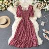 "French Retro Floral Square Neck Puff Sleeve Dress for Petite Women - High Waist, Sweet, Short Spring Style"