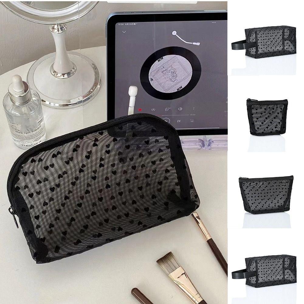 Wave Point Transparent Cosmetic Bag Large Capacity Love Heart Mesh Makeup Bag Cute Travel