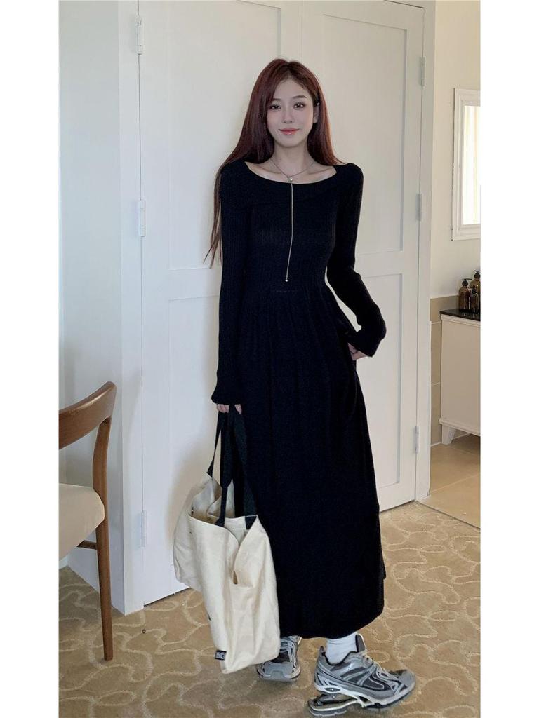 Женское французское трикотажное платье-свитер с длинным рукавом на одно плечо, приталенный осенне-зимний стиль