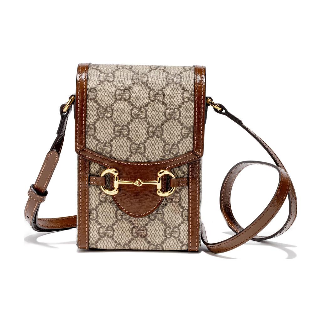 Gucci Сумка для телефона с логотипом Horsebit 1955 из канвы и кожи, унисекс, на плечо, цвет Эбеново-коричневый, 625615-92TCG-8563