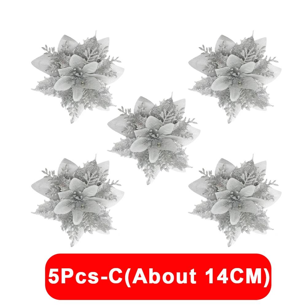 5/1Pcs Christmas Glitter Artificial Flowers DIY Christmas Tree Hanging Ornaments Fake Flower For Xmas New Year Party Decor Gifts