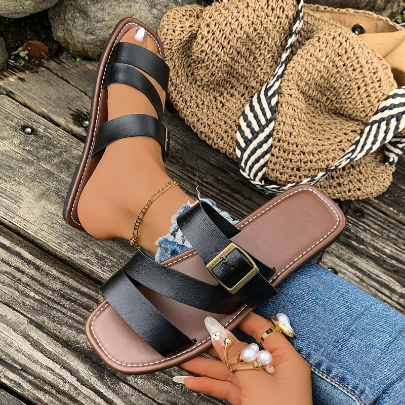 Large Size Buckle Flat Bottom One-word Shoes Women's Open-toed Retro Wind Beach Cool Slippers