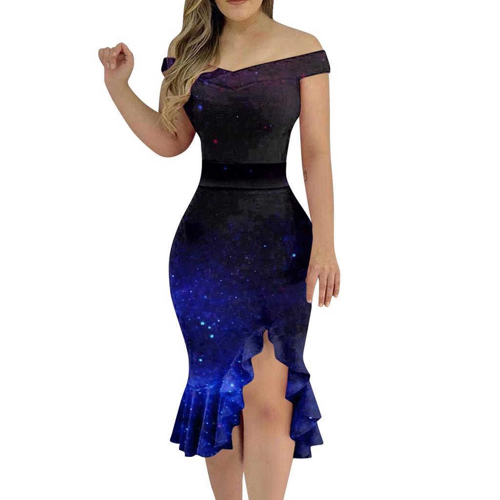 Women's Sexy Dress Off Shoulder Printing Tight  Irregular Bottom Dress