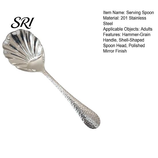 Decorative Serving Spoon Hammer-Grain Handle Shell Shape Design Polished Mirror Finish Soup Kitchen Tableware Artistic