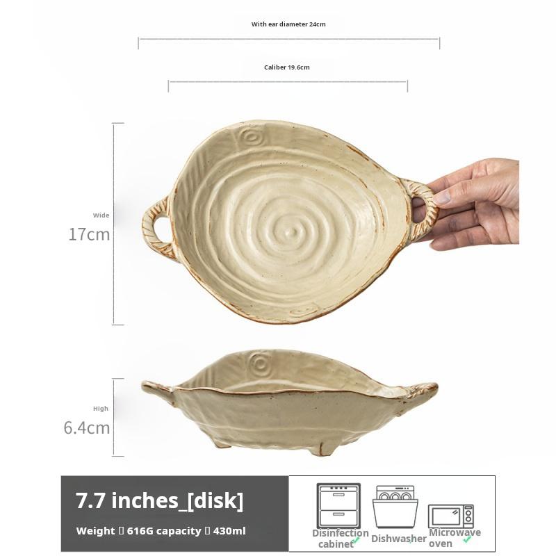 Тарелка из грубой керамики, японская ретро керамическая тарелка с двойными ручками, тарелка для салата, бытовая тарелка для фруктов ручной работы, салатник
