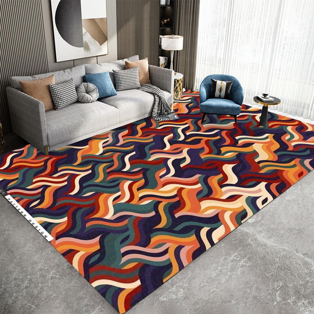 Retro Wave Geometric Carpet Various Styles With Colorful Wavy Line Triangle Abstract Patterns Non Slip Rug For Living Room Decor