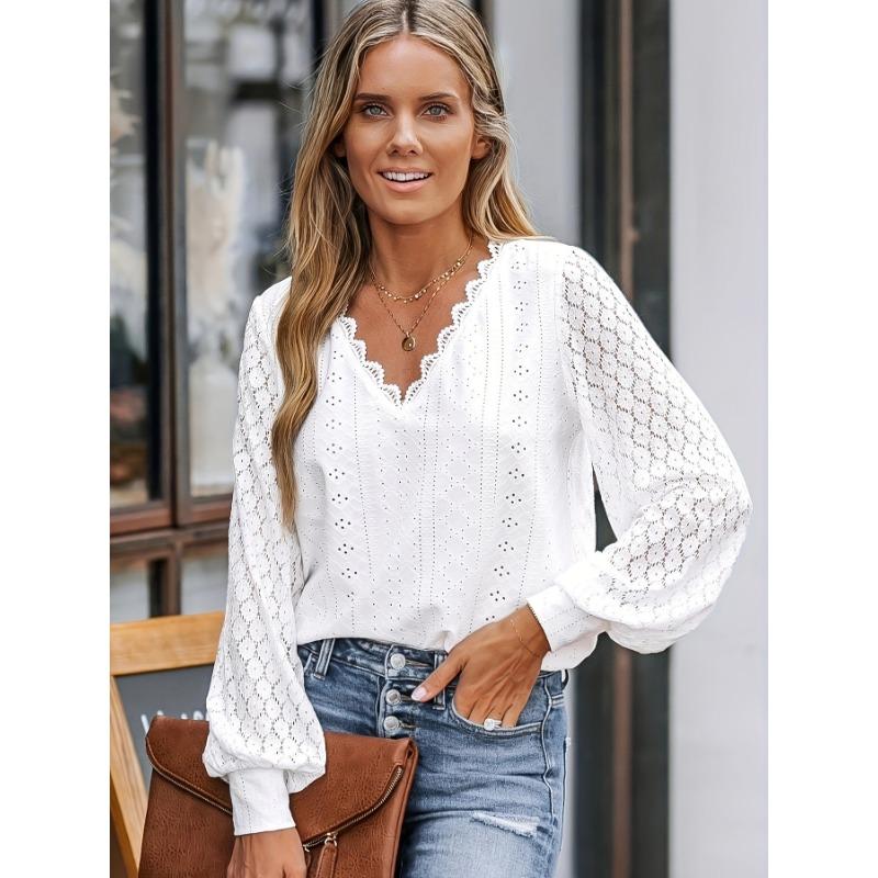 Women's V-neck Lace Patchwork Lantern Sleeve Shirt