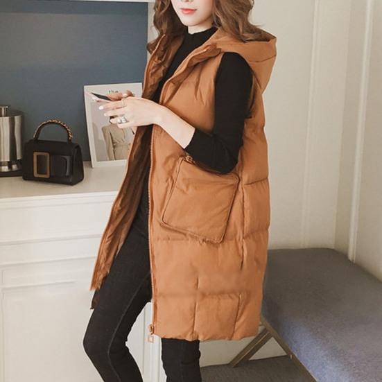 Женский пуховый жилет со стоячим воротником, толстый капюшон, без рукавов, длинное пальто, стеганая куртка-пуховик на молнии.