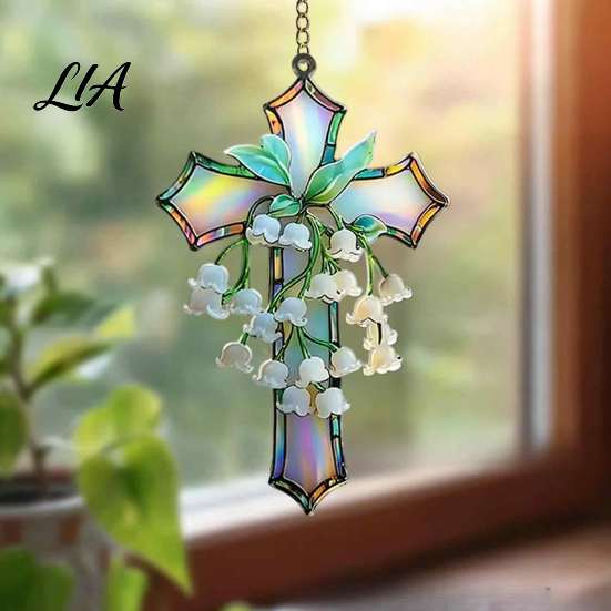 Botanical Art Hanging Decor Lily of The Valley Suncatcher, Acrylic Stained Glass Style Sun Catcher for Window Ornament with Metal Chain, Elegant