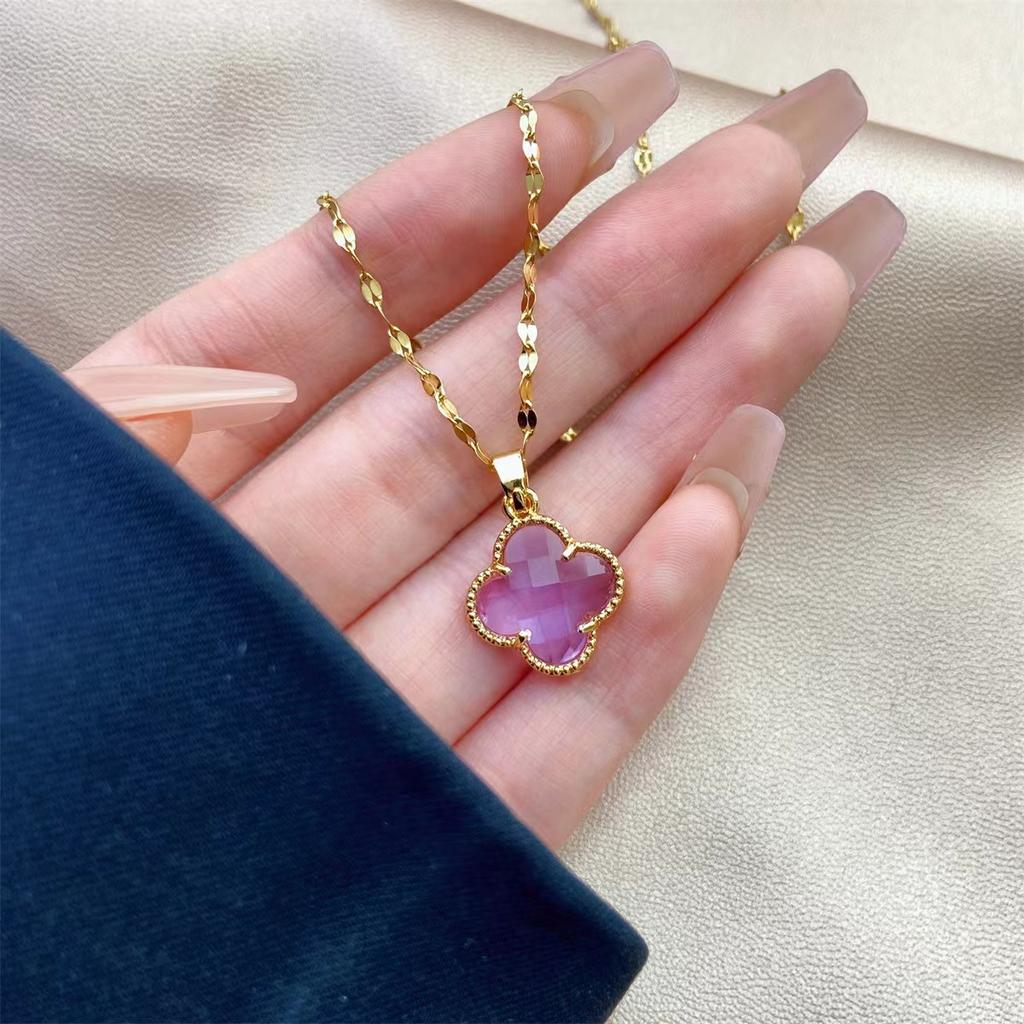 Purple Four-leaf Clover Shiny Titanium Steel Necklace Women, Fashion Temperament Collarbone Chain, Simple and Versatile 18k Gold Jewelry