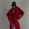 Womens 2026 Red Velvet Knit Lounge Set Long Sleeve Zip-Up Cardigan Wide Leg Pants Casual Streetwear
