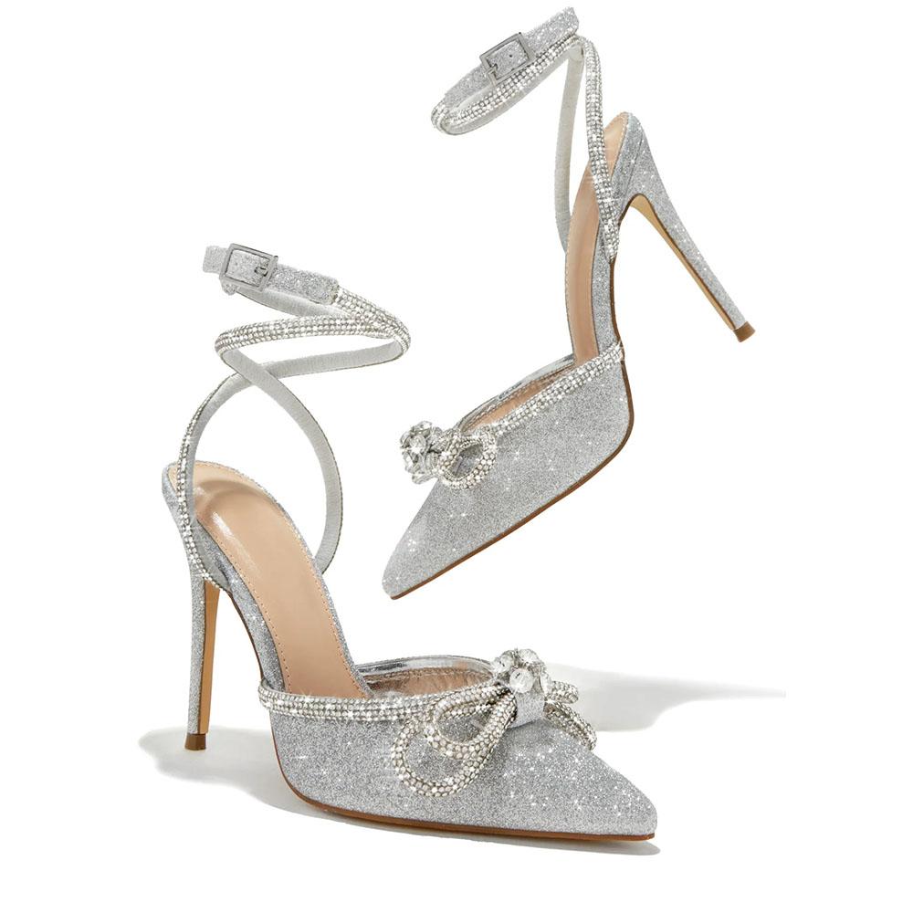 Женские туфли-лодочки со стразами и бантом на каблуке, блестящие свадебные туфли с закрытым острым носком, сексуальные туфли-лодочки с тонким каблуком и ремешком на щиколотке, свадебные туфли на каблуке, босоножки