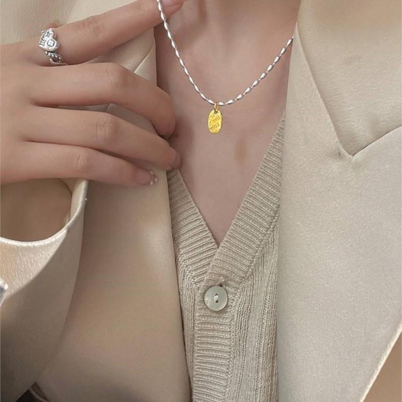 ANENJERY Love Letter Oval Pendant Olive Bead Rice Grain Necklace for Women Fashion Jewelry Summer Accessories