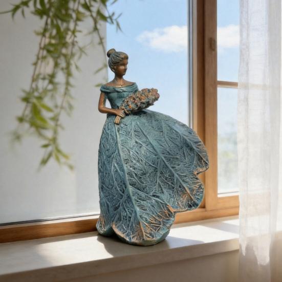 Simulated Flower Fairy Figurine, Resin Sculpture with Embossed Lace Texture, Ornament for Outdoor Indoor Garden Decor Elegant Gift