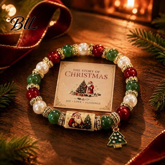 Браслет на тему оленей Рождественские браслеты для женщин, Эластичный браслет с бусинами и подвесками, Подарочная открытка с зимними праздничными украшениями, Подарки в носок, Аксессуар для вечеринки