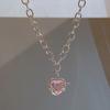 17KM Sweet Pink Zircon Pendant Necklace Heart Bow Chain Choker for Women Jewelry Accessories