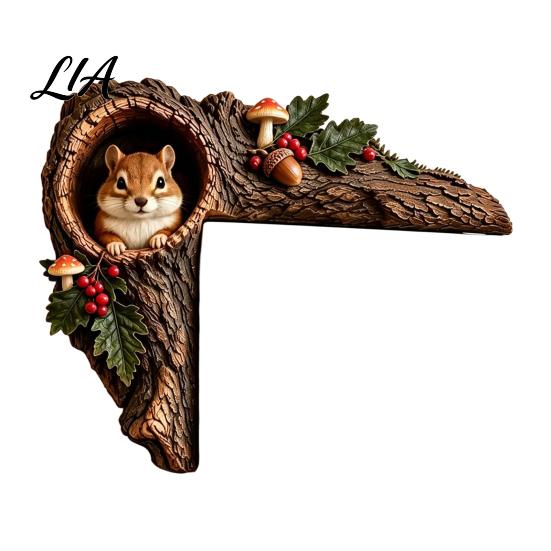 Decorative Tree Hole Sculpture Chipmunk Hollow Door Topper, Woodland Animal Frame Decor, Rustic Wood Charming Lodge Style Ornament Corner for