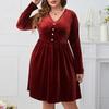 New Women’s V-neck Long Sleeve Red Dress High Waist Slim Comfortable Breathable Dress Casual Fashion Plus Size Mid Party Dress
