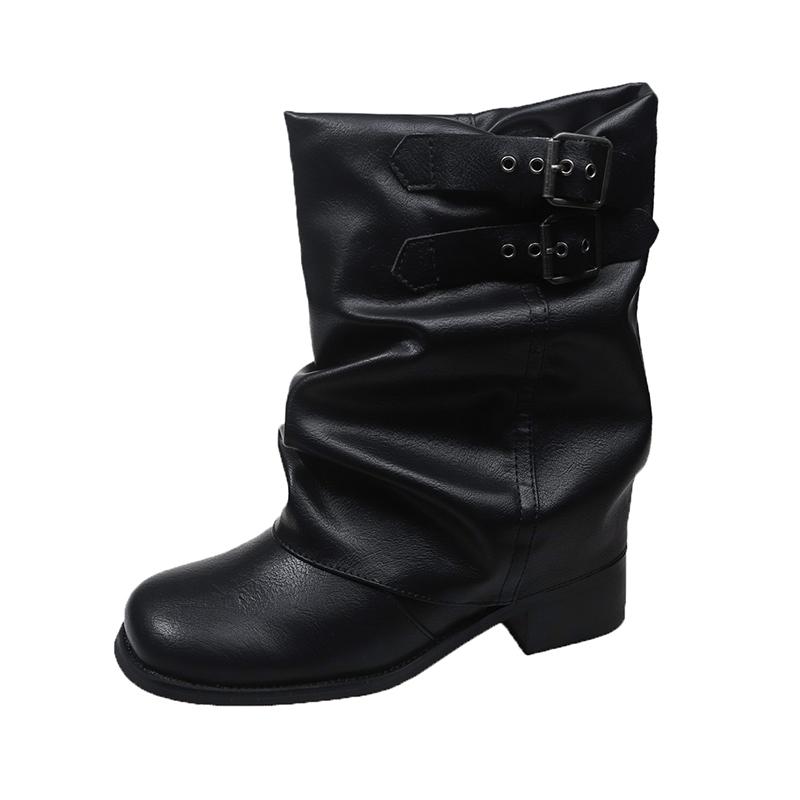 Fashion Shoes Female 2025 New Slip-on Women's Boots Fashion Belt Buckle Modern Boots Women New Round Toe Best Seller Mid-Calf Boots