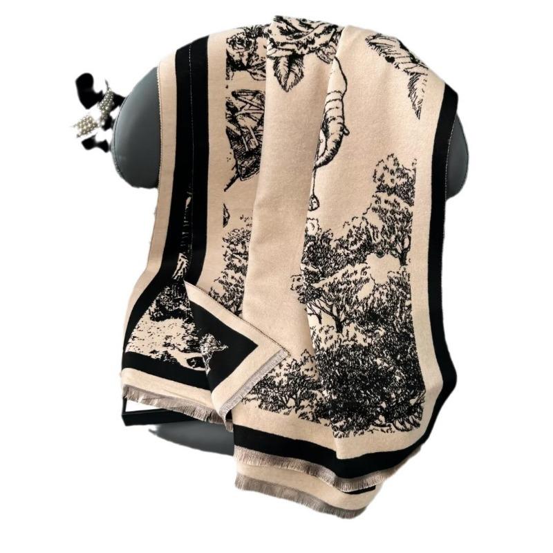 Winter Chinese Style New Retro Double-sided Printed Imitation Cashmere Scarf for Women, Thickened and Warm Versatile Shawl Wrap