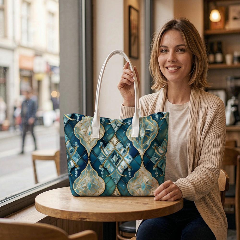 Elegant Teal Geometric Print Tote Bag Stylish Casual Daily Handbag for Outdoor Shopping Commuting