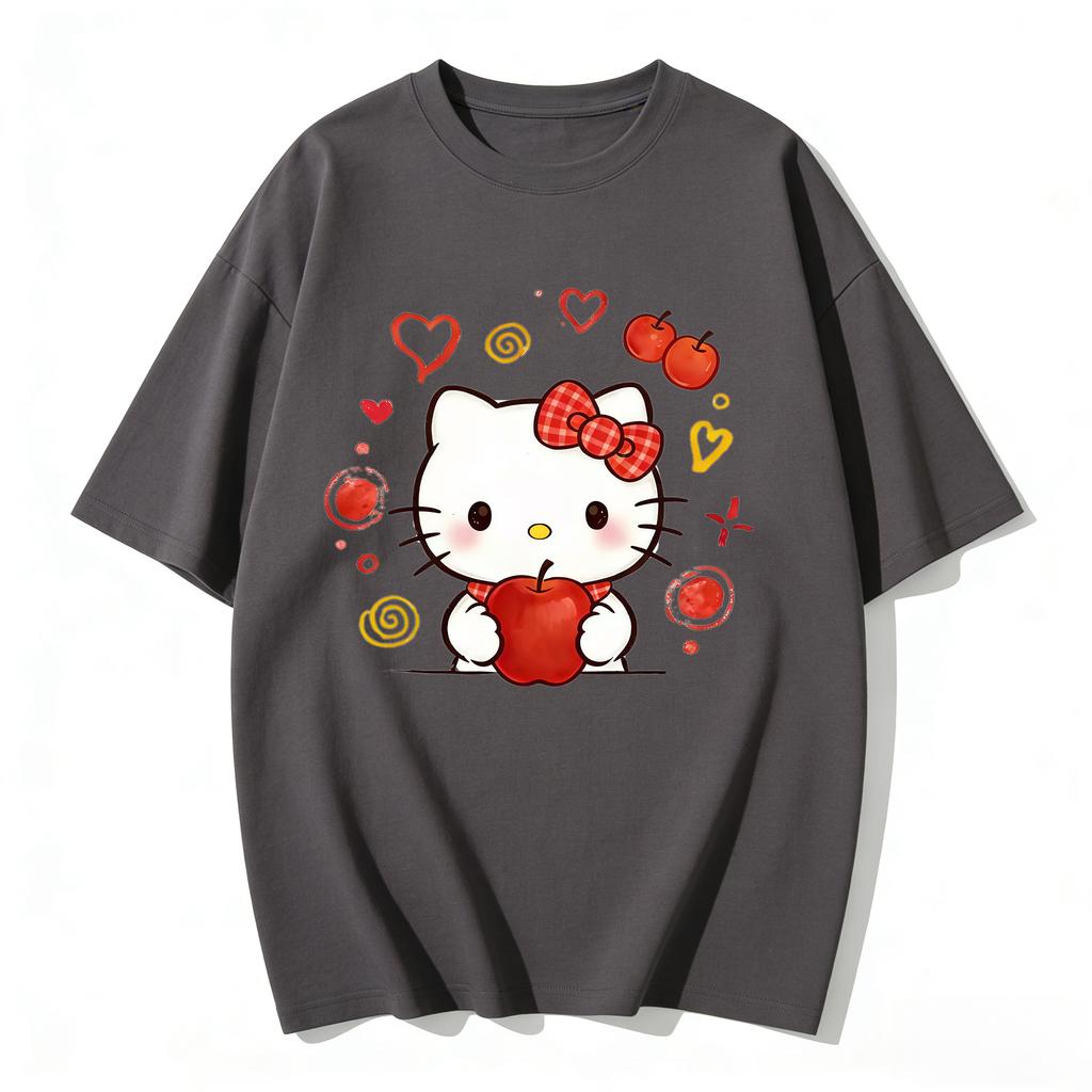 Летняя футболка с принтом Hello Kitty, короткий рукав, 100% хлопок, женская, для семейного образа, классическая модная футболка