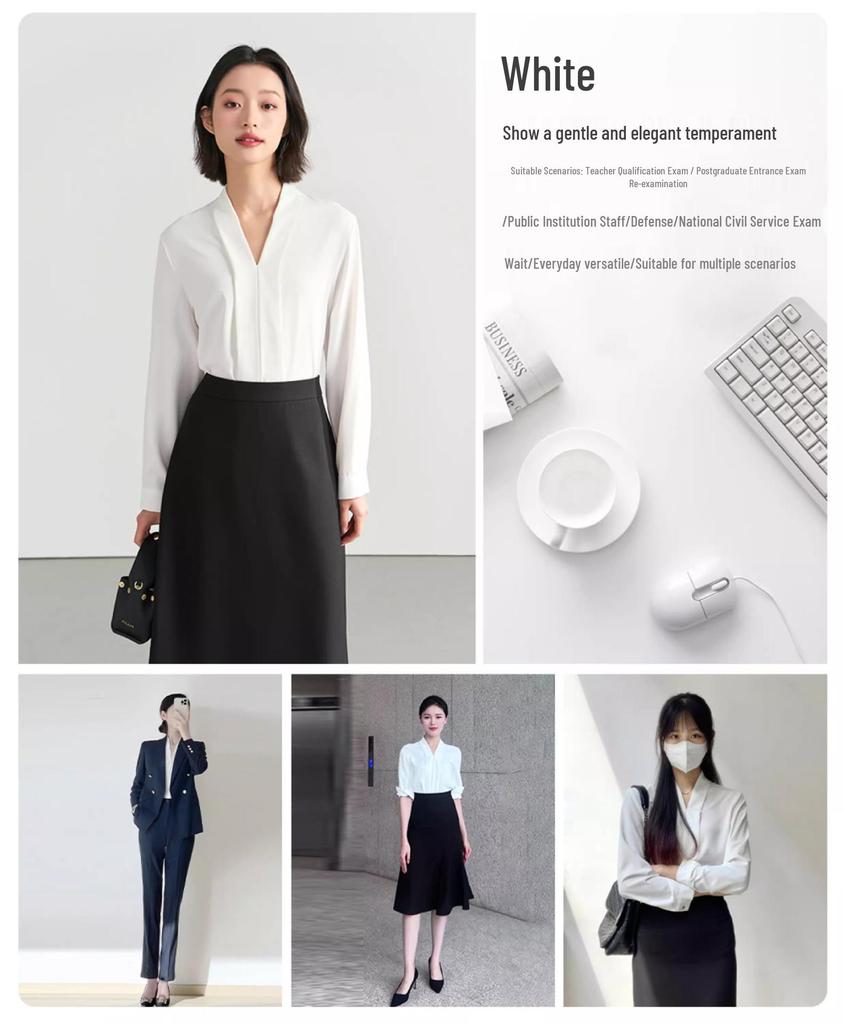 Женская белая шифоновая рубашка с V-образным вырезом – Элегантная официальная одежда для собеседований и офиса