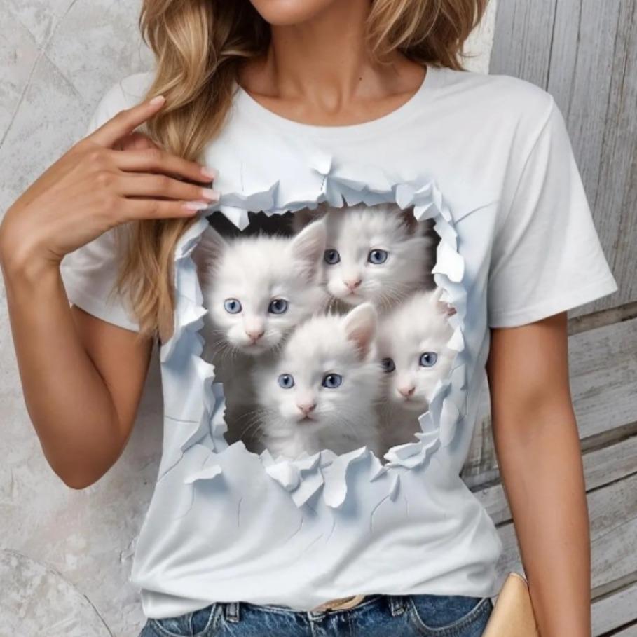 Летний топ с круглым вырезом и принтом 3D Cat, модные повседневные женские футболки с короткими рукавами