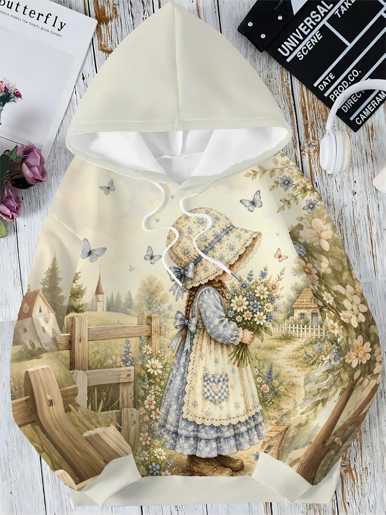 Retro pastoral girl floral butterfly print hooded sweatshirt for women with drawstring pockets loose pullover top