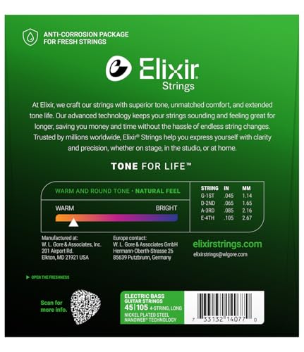 Струны для бас-гитары Elixir NANOWEB Nickel Long Scale, Light/Medium, .045-.105мм, #14077 [Официальный японский товар]