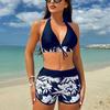 Bathing Suit Women Neck-mounted Beachwear Drawstring Lace Up Bikini Set High Waisted Print Beach Shorts Summer New