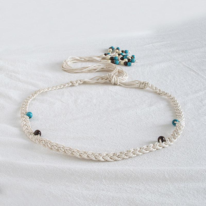 Бохо Стиль Вощеная Веревка Плетение Узлами Этнический Стиль Ручная Работа Деревянные Бусины Женский Пояс Повседневный Стиль для Отпуска Изысканная Поясная Веревка