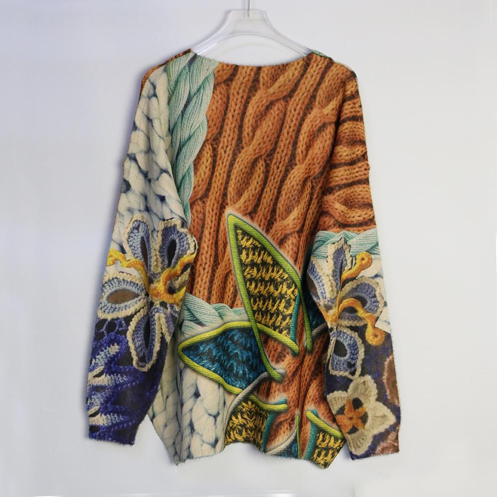 Dimanaf 2024 Новые свитера Пуловеры O-образный вырез Женские свитера Цветочный вязаный узор Печать Свободный свитер