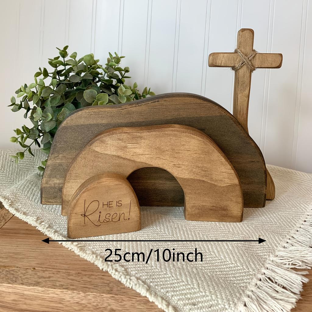 He Is Risen" Wooden Easter Resurrection Scene - Empty Tomb Decor with Cross - Christian Farmhouse Tiered Tray or Fireplace Decoration, Easter Decor