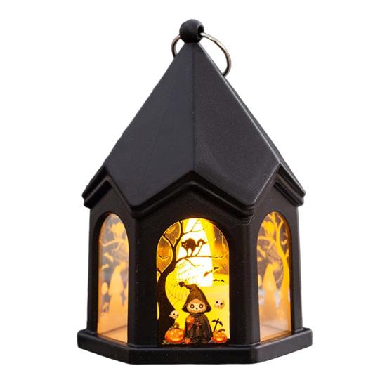 Plastic Decorative Lights Halloween Pumpkin Lantern, Gothic House Shape LED Flickering Candle Light Witch And Ghost Stickers for Party, Spooky
