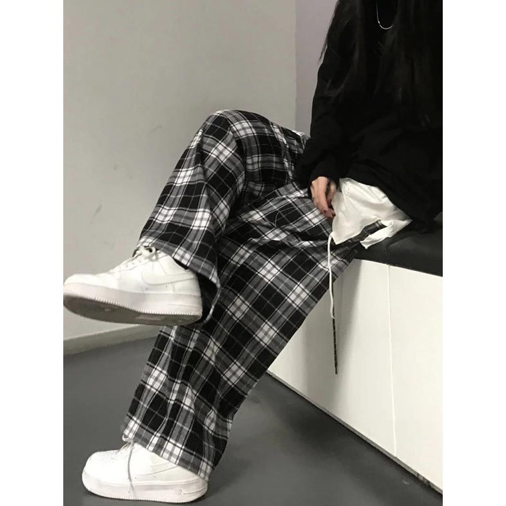Harajuku оверсайз клетчатые брюки женские корейские модные черно-белые брюки в клетку для женщин осенние широкие спортивные штаны