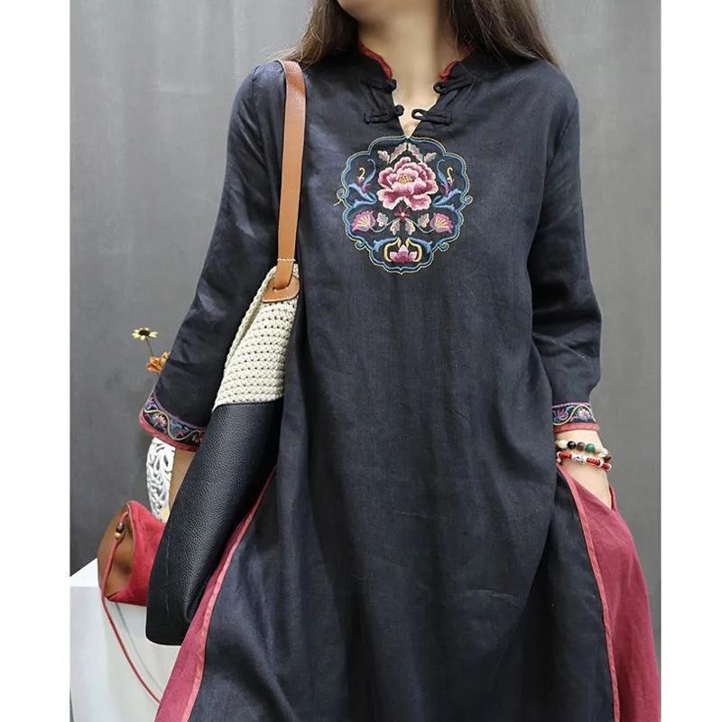Женское ретро китайское вышитое платье-рубашка - Большой размер, Весна/Осень