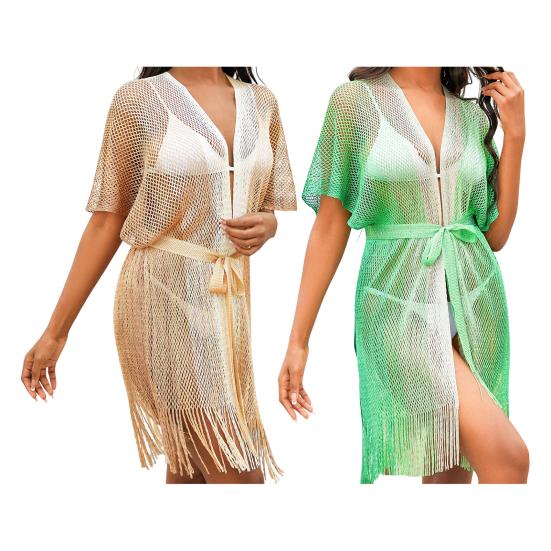 Женское пляжное платье с ажурной сеткой, на шнуровке, с ремешками, пляжная одежда с кисточками, градиентный цвет, накидка с длинным рукавом, защита от солнца, женский купальник-бикини