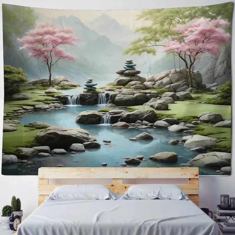 Украшение стены дома Гобелен Фон с изображением персикового цвета на берегу реки Гобелен для гостиной в офисе