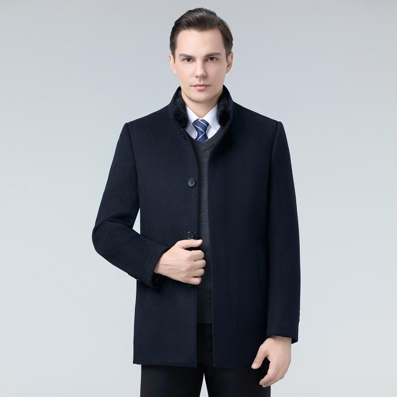 Двустороннее шерстяное пальто мужское со съемной пуховой подкладкой для людей среднего и пожилого возраста шерстяное пальто-папа с воротником-стойкой и меховым воротником