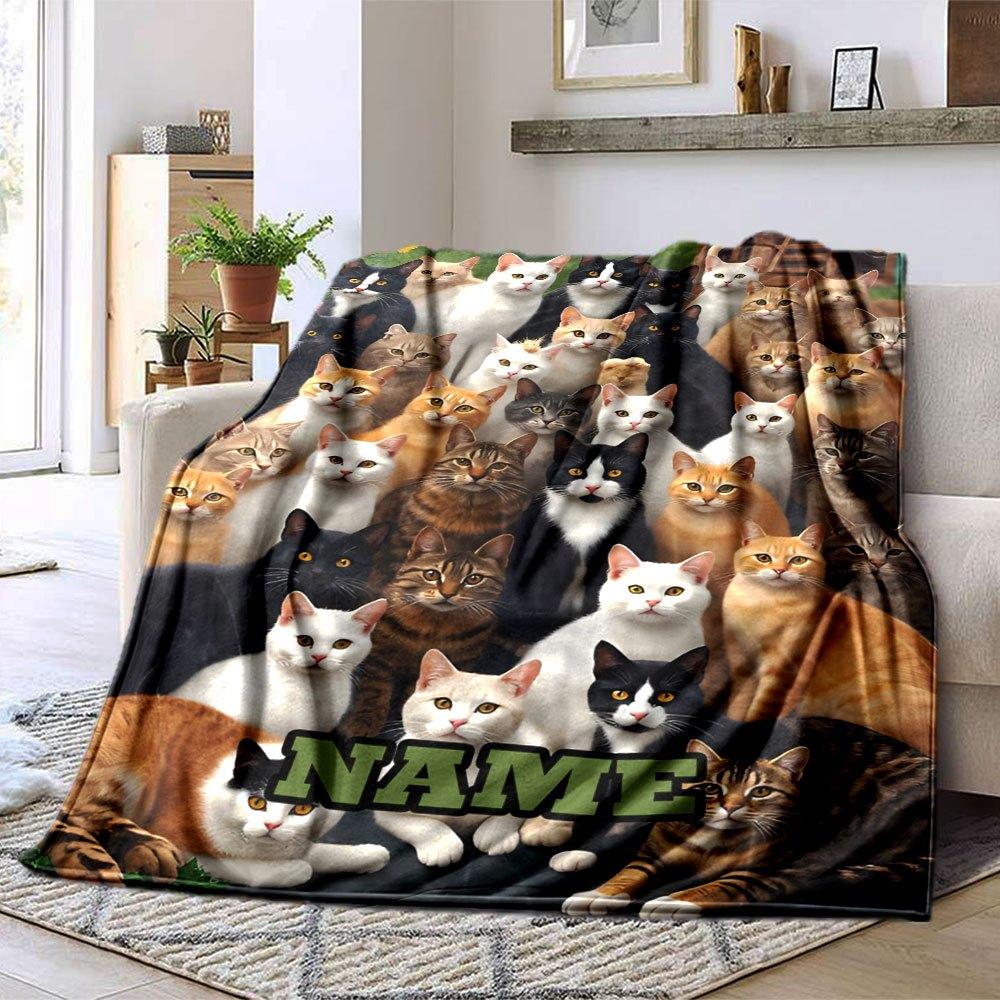 Cat Gathering Multi Purpose Customize Your Name Soft Cozy Suitable For Sofa Couch Office Bed Picnics Four Seasons Universal Digital Print Ideal Gift