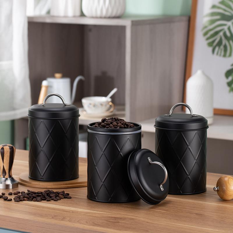 Reticulated coffee bean metal sealed jar food grade tea bag sugar milk ball grain bucket household black storage box