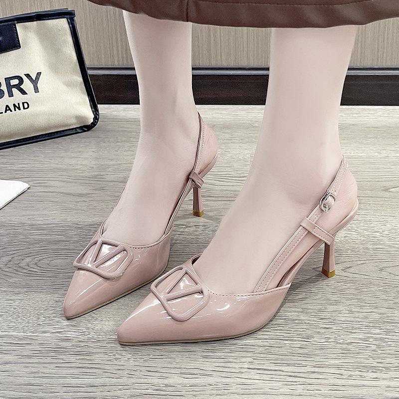 2025 новые летние туфли на высоком каблуке женские универсальные лакированные кожаные остроносые одинарные туфли сандалии на пустой шпильке женские