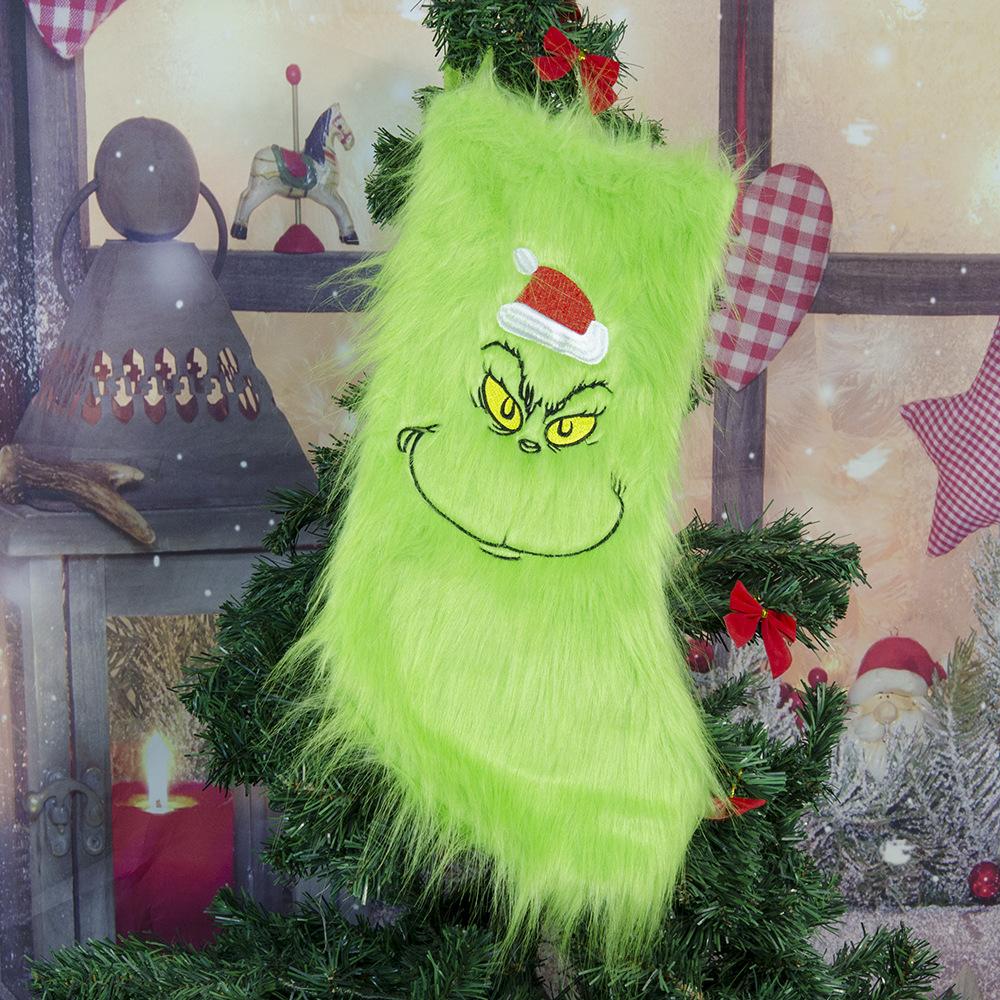 New Christmas Tree Decor Funny Green Christmas Socks Green Hair Monster Decor Children's Christmas Gifts Socks Candy Bags