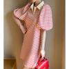Fashion Lapel Striped Sweet Puff Sleeve Casual Dresses Female Clothing Summer Loose All-match Short Sleeve Dress