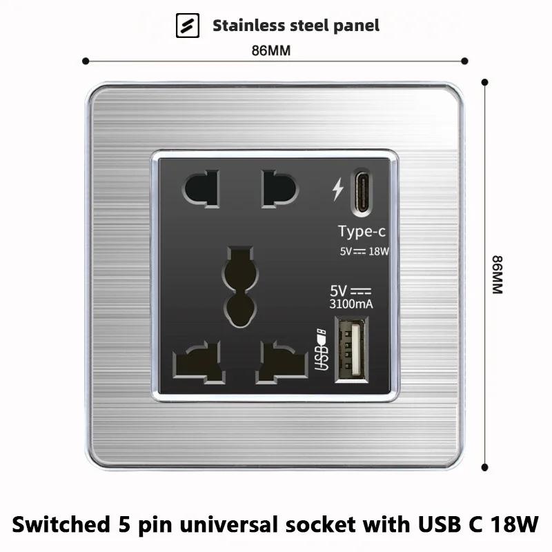 Luxury Brushed Stainless Steel Wall Light Switch,Universal 5pin 18W Type-C Quick Charging outlet,UK Standard Dual USB Socket