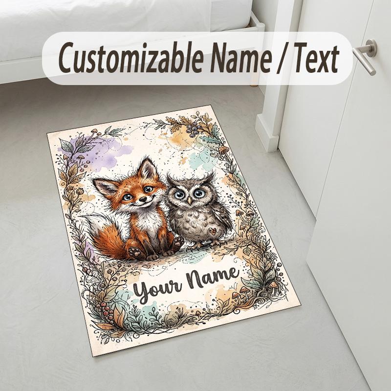 Fox Owl Theme Soft Crystal Velvet Rug Custom Name & Text Print Non Slip Floor Rug for Bedroom Living Room