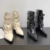 Fashion 2025 Autumn New Rivet Belt Buckle Pointed Toe Block Heel Kitten Heel Booties Single Boots Versatile