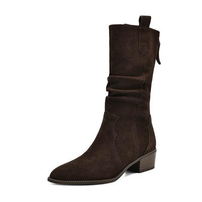 Зимние женские сапоги из коровьей замши и нубука с круглым носком и средним каблуком, элегантные женские сапоги до середины голени в стиле ретро со складками