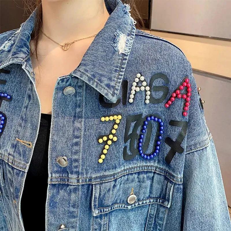 Женская джинсовая куртка с принтом в виде медведя, украшенная бисером, пальто, женская повседневная джинсовая куртка с открытыми дырками, верхняя одежда